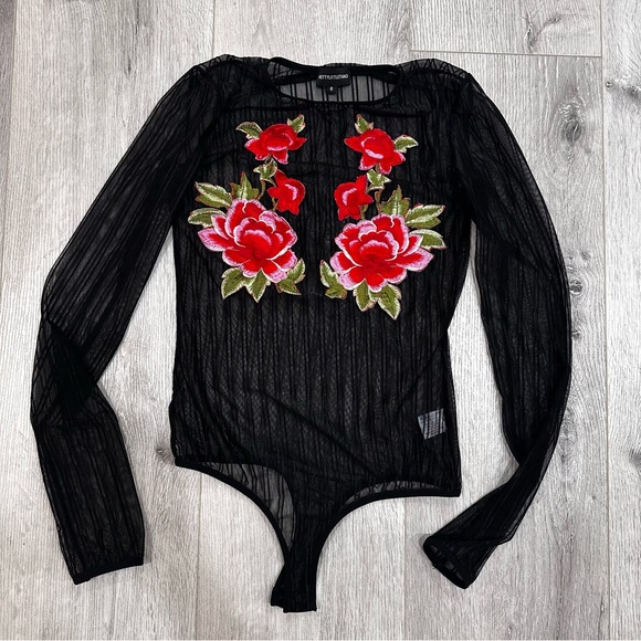 Pretty Little Thing Sheer Striped Long Sleeve Rose Appliqué Bodysuit Top - Picture 2 of 2
